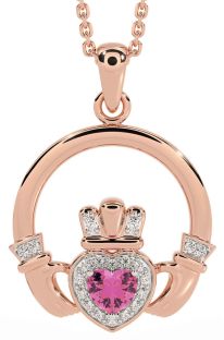 Diamond Pink Tourmaline Rose Gold Claddagh Necklace