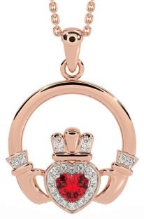 Diamond Ruby Rose Gold Claddagh Necklace