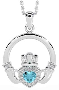 Diamond Aquamarine Silver Claddagh Necklace