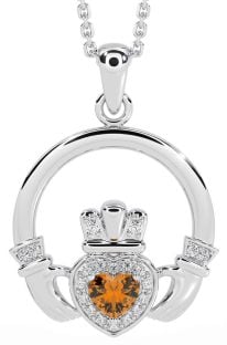 Diamond Citrine Silver Claddagh Necklace