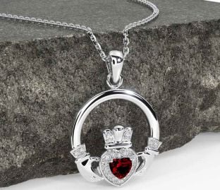 Diamond Garnet Silver Claddagh Necklace