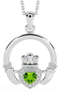 Diamond Peridot Silver Claddagh Necklace