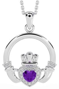 Diamond Amethyst White Gold Claddagh Necklace