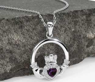Diamond Alexandrite White Gold Claddagh Necklace