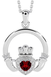 Diamond Garnet White Gold Claddagh Necklace