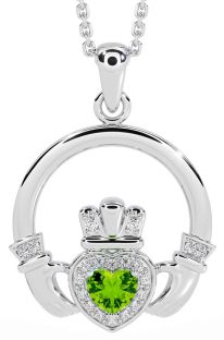 Diamond Peridot White Gold Claddagh Necklace