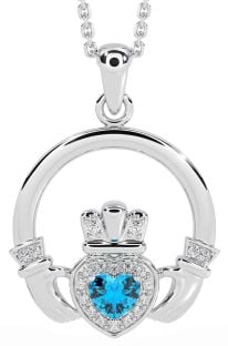 Diamond Topaz White Gold Claddagh Necklace