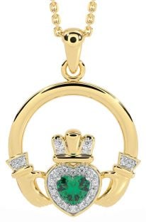 Diamond Emerald Gold Claddagh Necklace
