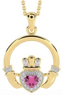 Diamond Pink Tourmaline Gold Claddagh Necklace