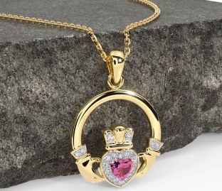 Diamond Pink Tourmaline Gold Claddagh Necklace