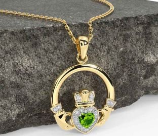Diamond Peridot Gold Claddagh Necklace