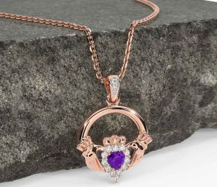 Diamond Amethyst Rose Gold Silver Claddagh Necklace