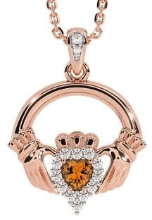 Diamond Citrine Rose Gold Silver Claddagh Necklace