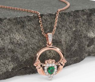 Diamond Emerald Rose Gold Silver Claddagh Necklace