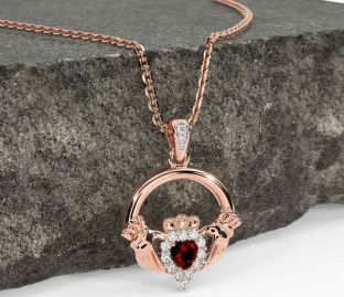 Diamond Garnet Rose Gold Silver Claddagh Necklace