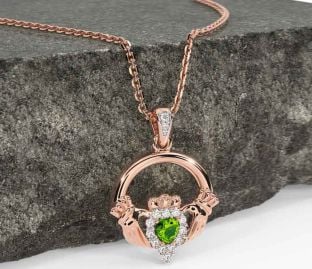 Diamond Peridot Rose Gold Silver Claddagh Necklace