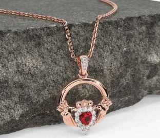 Diamond Ruby Rose Gold Silver Claddagh Necklace