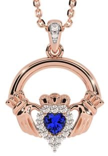 Diamond Sapphire Rose Gold Silver Claddagh Necklace