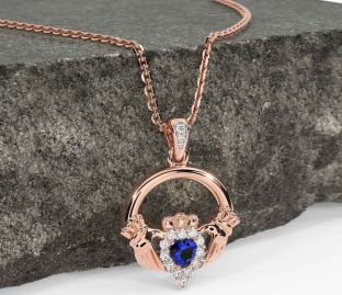 Diamond Sapphire Rose Gold Silver Claddagh Necklace
