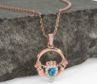 Diamond Topaz Rose Gold Silver Claddagh Necklace