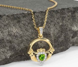 Diamond Peridot Gold Silver Claddagh Necklace