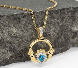 Diamond Topaz Gold Silver Claddagh Necklace