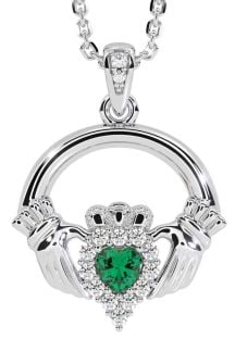 Diamond Emerald Silver Claddagh Necklace