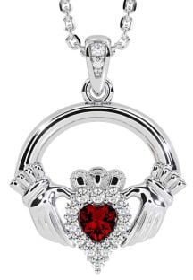 Diamond Garnet White Gold Claddagh Necklace