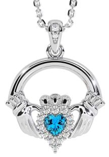 Diamond Topaz White Gold Claddagh Necklace