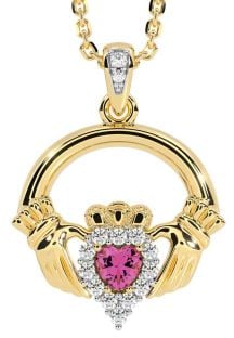 Diamond Pink Tourmaline Gold Claddagh Necklace