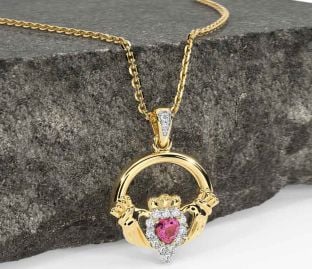 Diamond Pink Tourmaline Gold Claddagh Necklace
