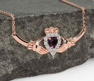 Diamond Alexandrite Rose Gold Silver Claddagh Necklace