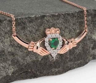 Diamond Emerald Rose Gold Silver Claddagh Necklace