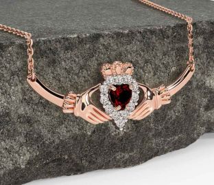 Diamond Garnet Rose Gold Silver Claddagh Necklace