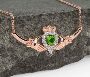 Diamond Peridot Rose Gold Silver Claddagh Necklace