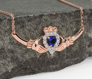 Diamond Sapphire Rose Gold Silver Claddagh Necklace