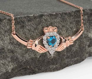 Diamond Topaz Rose Gold Silver Claddagh Necklace