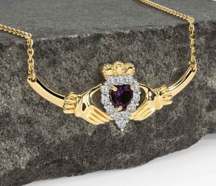 Diamond Alexandrite Gold Silver Claddagh Necklace