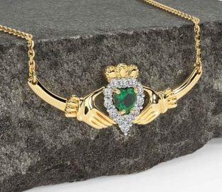 Diamond Emerald Gold Silver Claddagh Necklace