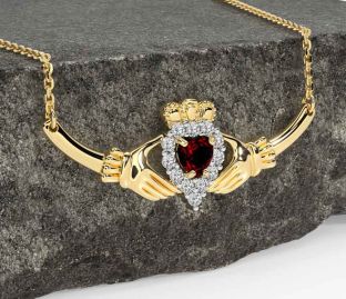 Diamond Garnet Gold Silver Claddagh Necklace
