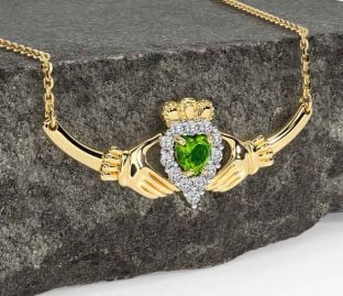 Diamond Peridot Gold Silver Claddagh Necklace