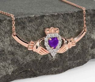 Diamond Amethyst Rose Gold Claddagh Necklace