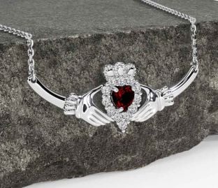 Diamond Garnet Silver Claddagh Necklace