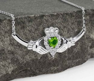 Diamond Peridot Silver Claddagh Necklace