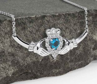 Diamond Topaz Silver Claddagh Necklace