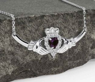 Diamond Alexandrite White Gold Claddagh Necklace