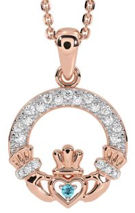 Diamond Aquamarine Rose Gold Silver Claddagh Necklace