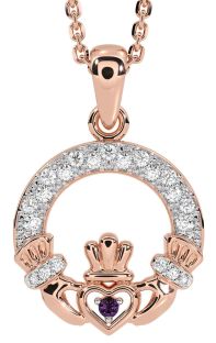 Diamond Alexandrite Rose Gold Silver Claddagh Necklace