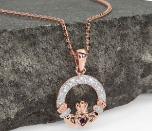 Diamond Alexandrite Rose Gold Silver Claddagh Necklace
