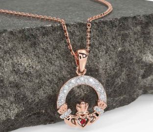 Diamond Ruby Rose Gold Silver Claddagh Necklace